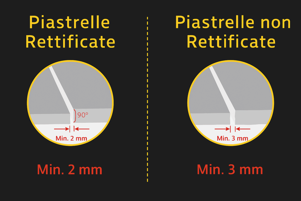 Infografica che mostra la differenza tra piastrelle rettificate e non rettificate: le rettificate hanno bordi a 90° e fuga minima di 2 mm, mentre le non rettificate hanno bordi leggermente irregolari e fuga minima di 3 mm.