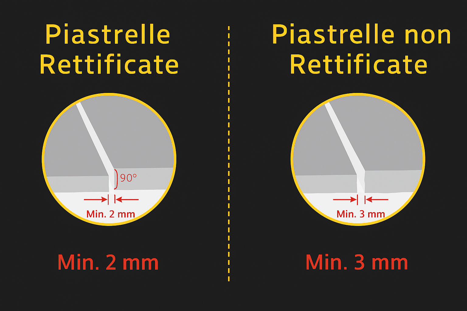 Infografica che mostra la differenza tra piastrelle rettificate e non rettificate: le rettificate hanno bordi a 90° e fuga minima di 2 mm, mentre le non rettificate hanno bordi leggermente irregolari e fuga minima di 3 mm.