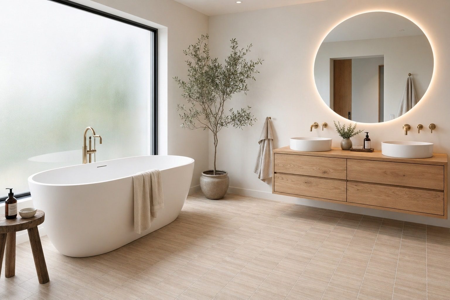 bagno con pavimento gres porcellanato effetto legno